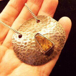 JANICE LEE RIPLEY JLR STERLING ART DISC W/ BROWN JASPER RAISED STONE NECKLACE 14